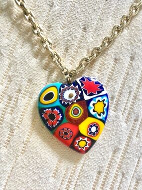 Handmade Multicolor Heart Millefiori Pendant Necklace